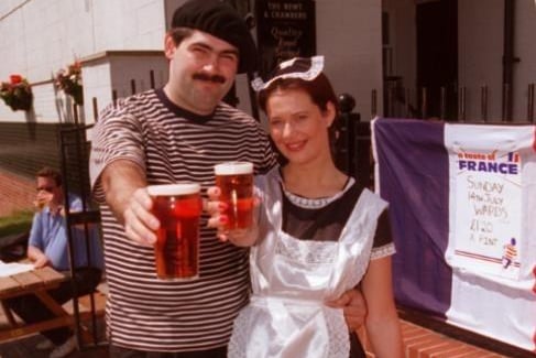 Landlord of the Newt and Chambers pub on Charles Street Spencer Treasure with barmaid Kath dressed in French costume in 1996 to protest over the tax on British beer and French beer