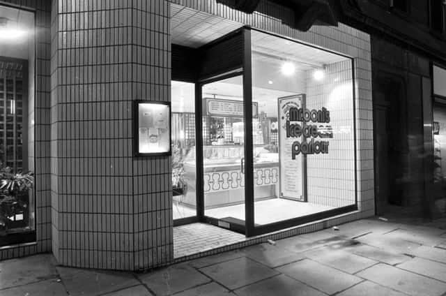 Exterior of Mr Boni's ice cream parlour at Tollcross in Edinburgh, February 1979.
