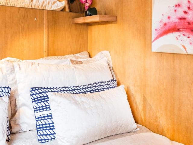 The boat has two double cabins, each with a TV and DVD player plus a recess with small bunk beds suitable for children under 10s, as well as a double sofabed in the living area.