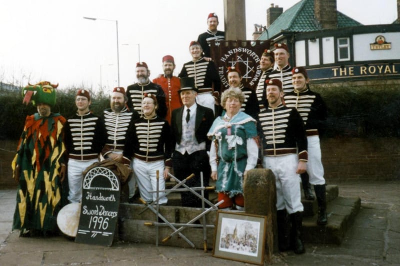 Handsworth Sword Dancers outside the Royal Hotel, 10 Market Square, Woodhouse in 1996. Ref no: t03279