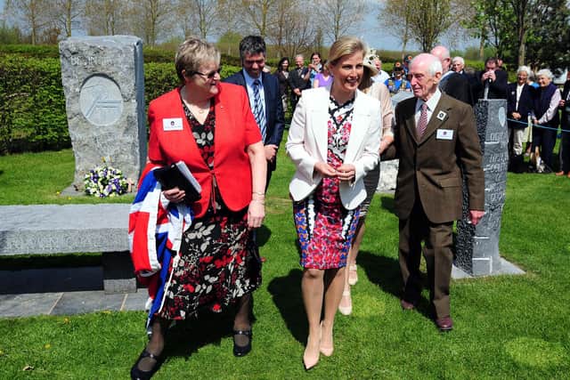 The Countess of Wessex with designer Harry Parkes (right) and Joe Taylor Chairman of Memorial Committee after unveiling a memorial  at the National Arboretum Centre, Alrewas, Staffordshire 
in honour of the Bevin Boys to remember the thousands of men who worked in British coal mines during the Second World War. PRESS ASSOCIATION Photo. Picture date: Tuesday May 7, 2013. See PA story MEMORIAL Bevin. Photo credit should read: Rui Vieira/PA Wire