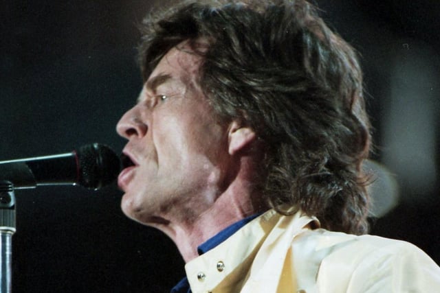 Mick Jagger entertains the crowds at the Rolling Stones concert, Don Valley Stadium, Sheffield, July 1995