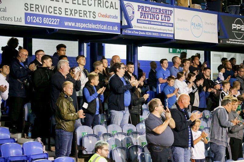 Pompey fans clapping in honour of Sophie Fairall during the Sky Bet League One match between Portsmouth and Plymouth Argyle at Fratton Park on September 21, 2021.