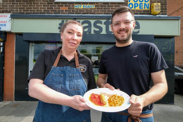 Nadine Grant and Alex Rowbotham with the 99p breakfast they have launched to help customers with the cost of living.