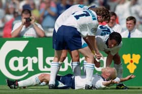 Paul Gascoigne celebrates the goal that put England 2-0 up against Scotland back in 1996.