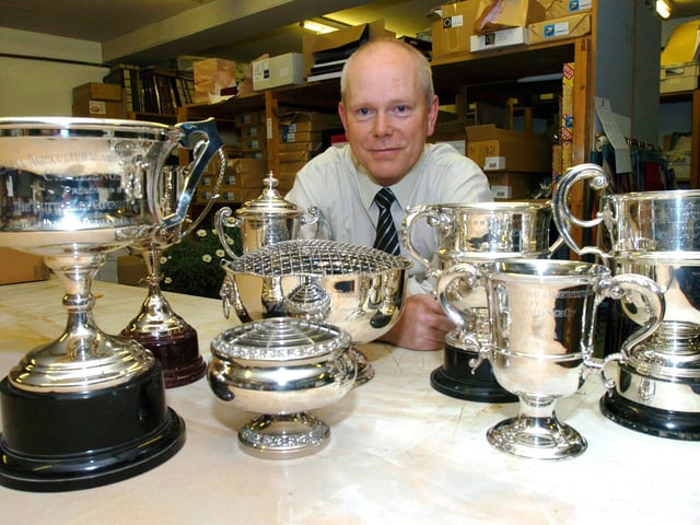 Keith Mottram at H.L.Brown Jewellers with some of the Bakewell Show trophies, on July 8, 2008