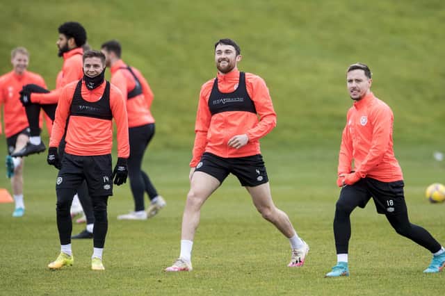 Cammy Devlin, John Souttar and Barrie McKay were in good spirits in training ahead of the trip to Tannadice