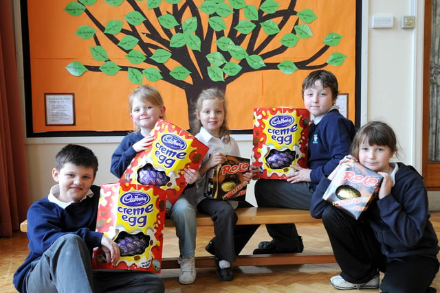 Pictured at Ivanhoe's Primary School Conisbrough in 2008 were ltor, Ethan Bedford, Kenzie Randerson, Piper Jarvis, Adam Turner, & Jessica Wright, who have reciving Giant Easter Eggs as prizes for taking part in a sponsored  sell which raised £2,000 for childern with leukaemia charity.