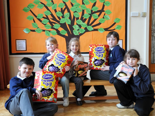 Pictured at Ivanhoe's Primary School Conisbrough in 2008 were ltor, Ethan Bedford, Kenzie Randerson, Piper Jarvis, Adam Turner, & Jessica Wright, who have reciving Giant Easter Eggs as prizes for taking part in a sponsored  sell which raised £2,000 for childern with leukaemia charity.