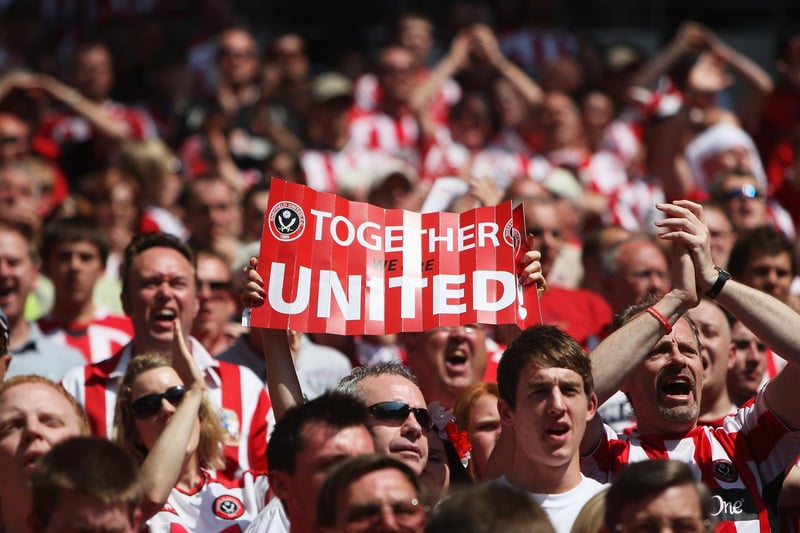 Sheffield United fans cheer ahead of the Coca-Cola Championship Playoff Final between Burnley and Sheffield United at Wembley Stadium on May 25, 2009.  (Photo by Bryn Lennon/Getty Images)