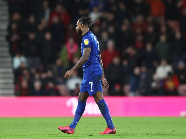 Leandro Bacuna, formerly of Cardiff City, leaves the pitch after receiving a red card at AFC Bournemouth.