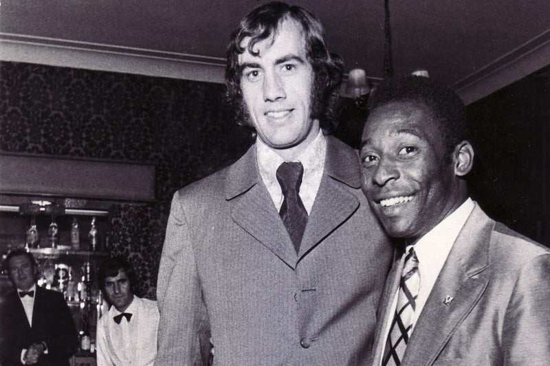 The great Pele, Brazilian soccer player supreme, was ready with his autograph as he arrived at the reception held at the Omega Restaurant, Psalter Lane, Sheffield.  Pictured with his host, John Holsgrove, Captain, Sheffield Wednesday - 22nd February 1972