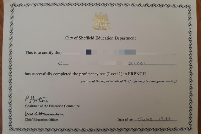 This was the certificate you received as a teenager at schools in Sheffield if you passed your French graded test - showing you could speak the basics of the language. Similar certificates were given for other languages