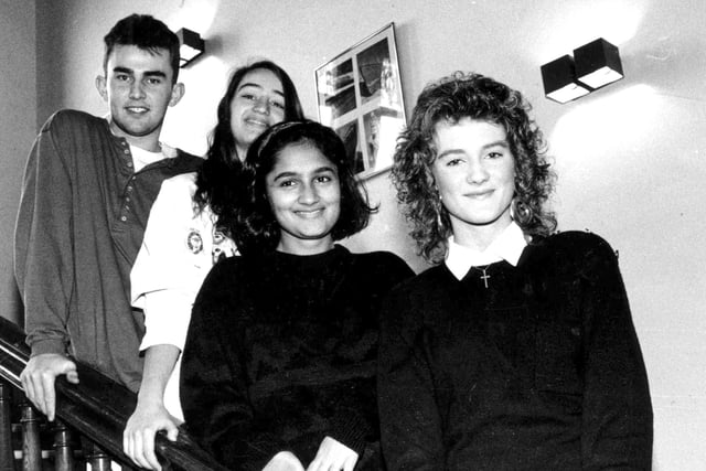Students at Hartlepool Sixth Form College who gained awards for top exam pass marks in December 1990.  Left to right:  Glenn Noble, Fiona Plows, Kinnary Vyas and Rachel Taylor.