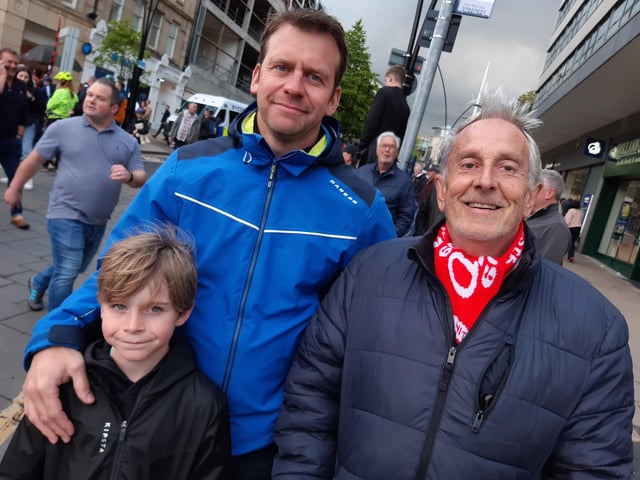 Max Hallam, Kris Hallam and Brian Fletcher at the Sheffield United promotion celebration