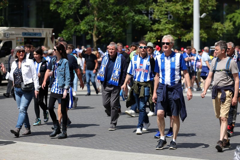 LONDON, ENGLAND - MAY 29: Sheffield Wednesday fans arrive at the stadium prior to the Barnsley and Sheffield Wednesday: Sky Bet League One Play-Off Final at Wembley Stadium on May 29, 2023 in London, England. (Photo by Catherine Ivill/Getty Images)
