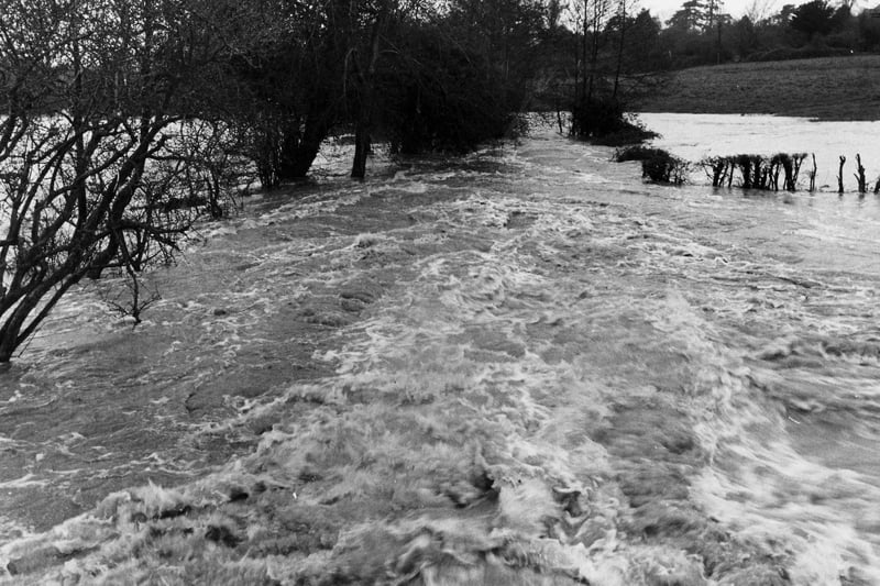 The stream at Southwick turned into a raging torrent by torrential rain in November 1976.