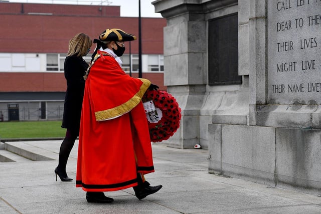 The Mayor of Hartlepool, Councillor Brenda Loynes and managing director of Hartlepool Borough Council Denise McGuckin carry out the wreath laying at the war memorial in Victoria Road.
