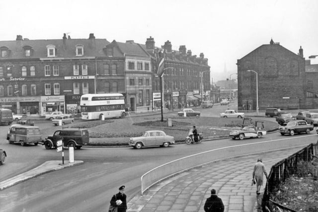 The roundabout at the junction of Ecclesall Road, The Moor, St Mary's Gate and London Road, pictured in November 1962
