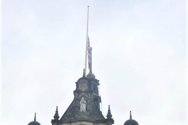 The Union flag at half mast above Sheffield Town Hall in tribute to Captain Sir Tom Moore