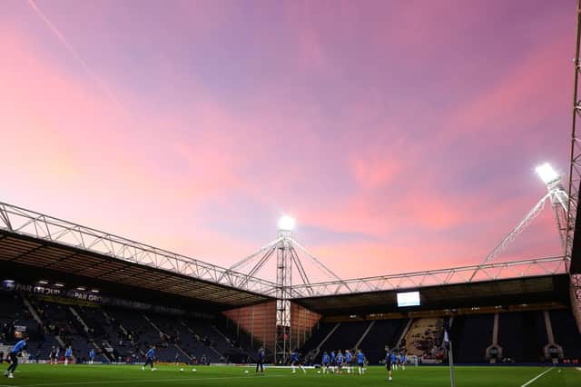 PRESTON, ENGLAND - SEPTEMBER 21: A general view inside the stadium as Preston warm up prior to the Carabao Cup Third Round match between Preston North End and Cheltenham Town at Deepdale Stadium on September 21, 2021 in Preston, England. (Photo by Charlotte Tattersall/Getty Images)