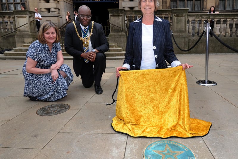 Novelist Dame Margaret Drabble uncovering her Walk of Fame star with leader of the council Coun Julie Dore and Lord Mayor Coun John Campbell in May 2012