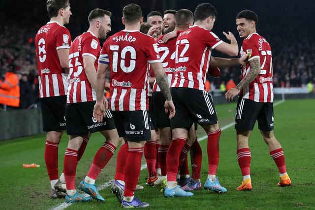 Sheffield United players celebrate their fourth goal against Middlesbrough: Isaac Parkin / Sportimage