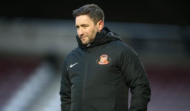 NORTHAMPTON, ENGLAND - JANUARY 02: Sunderland manager Lee Johnson looks on during the Sky Bet League One match between Northampton Town and Sunderland at PTS Academy Stadium on January 02, 2021 in Northampton, England. (Photo by Pete Norton/Getty Images)