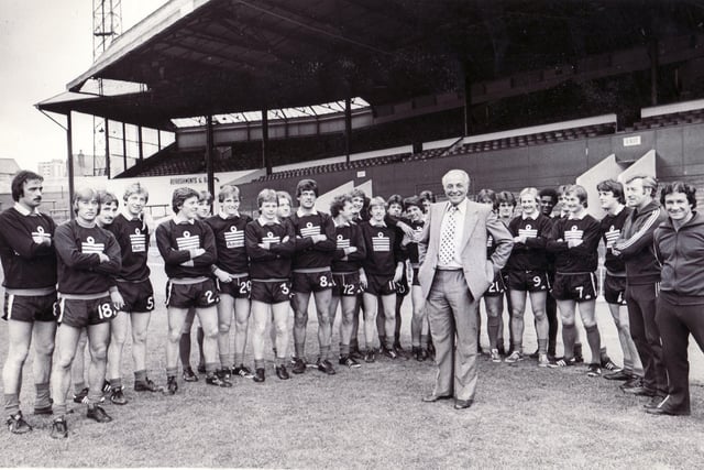 Manager Harry Haslam and his first team squad as they report back for training in July 1979.