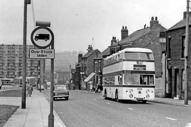 A no 95 bus on Duke Street, looking towards Sheffield city centre, with the Park Hill flats on the left