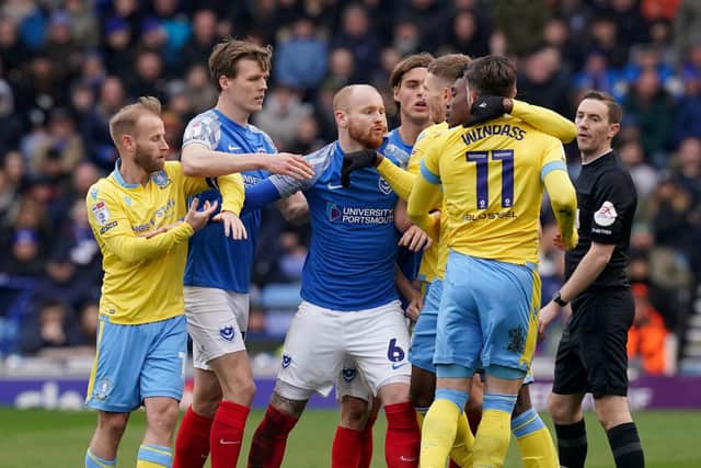 Tempers flare during the Sky Bet League One match at Fratton Park, Portsmouth. (Gareth Fuller/PA Wire)