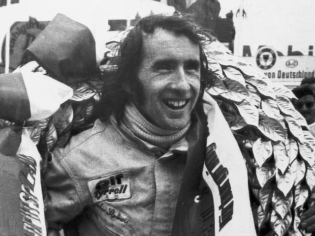 Jackie Stewart, driving a Tyrrell-Ford, winning his 27th Grand Prix today with victory in the German Grand Prix  at Nurburgring, Germany, August 5th, 1973.