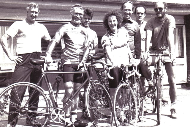 Staff completed a 70 mile cycle race to raise money for charity in 1990. The Star's archive notes the ride was the great Yorkshire Bike ride from Wetherby to Scarborough. The picture was submitted by Mark Thompson (Head of Hurlfield and Myrtle Springs 1985 - 1997), who writes: "Missing from the picture is Pete Jennings, retired Head of Science at Hurlfield School, who not only took part in that ride, but also with me completed Lands End  to John O'Groats in 1991 to raise money for a new school minibus.
The three PE staff in the picture are Martin Tompkins, Jan Cross and Adrian Potts.