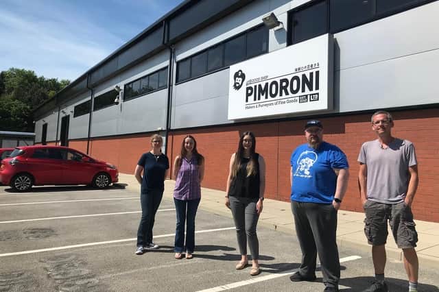 (Left to right) Pimoroni's Marie Wilkins and Katherine Freeman join Wake Smith's Laura Sanderson and Pimoroni's Paul Beech and Jon Williamson at Pimoroni’s new Sheffield HQ.