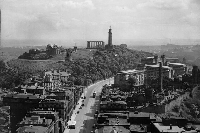 A fine view looking toward Calton Hill Edinburgh, with St Andrew's House and Calton Graveyard, captured in 1959.