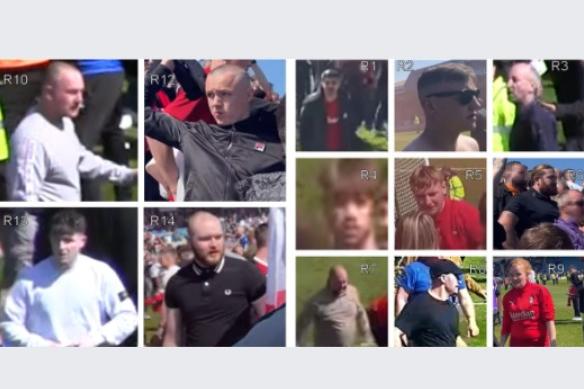 Kent Police want to trace these people in connection to a pitch invasion at the Gillingham v Rotherham football match on on Saturday 30 April. Anyone with information can call 01634 792209 quoting reference 46/108028/22 and the ‘R’ number on the image you are calling about.