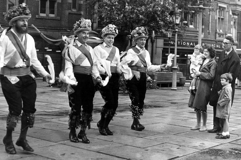 Morris dancers on Fargate in September 1965. Ref no: s29022