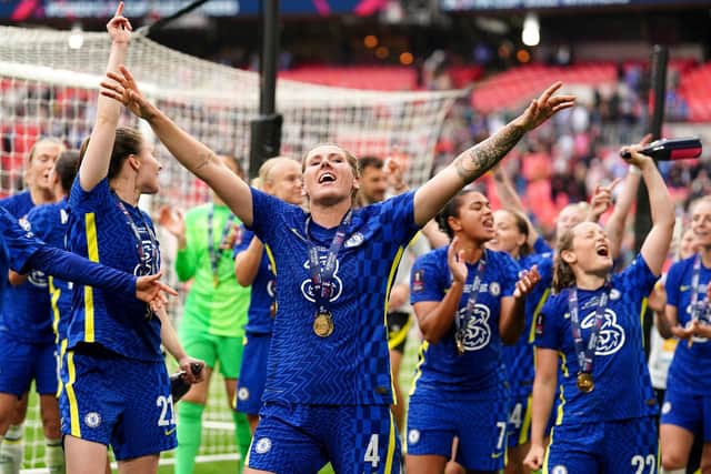 Chelsea's Millie Bright celebrates with her winner's medal after the Vitality Women's FA Cup Final at Wembley Stadium. Mike Egerton/PA Wire
