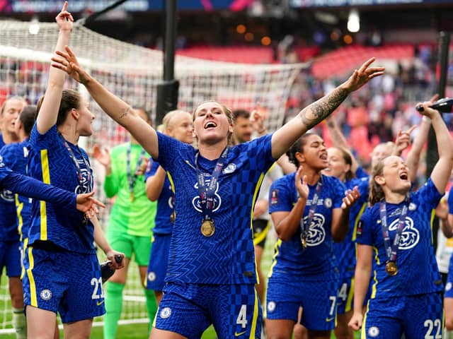 Chelsea's Millie Bright celebrates with her winner's medal after the Vitality Women's FA Cup Final at Wembley Stadium. Mike Egerton/PA Wire