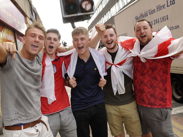 Jubilant England fans in Sheffield City Centre watching the World Cup quarter final win over Sweden on July 7, 2018
