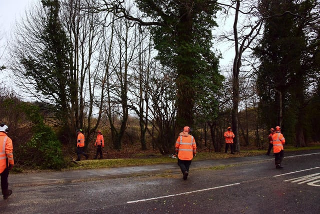 Council workers tackling fallen trees on Silksworth road in the East Herrington area of Sunderland causing the road to be closed in both directions