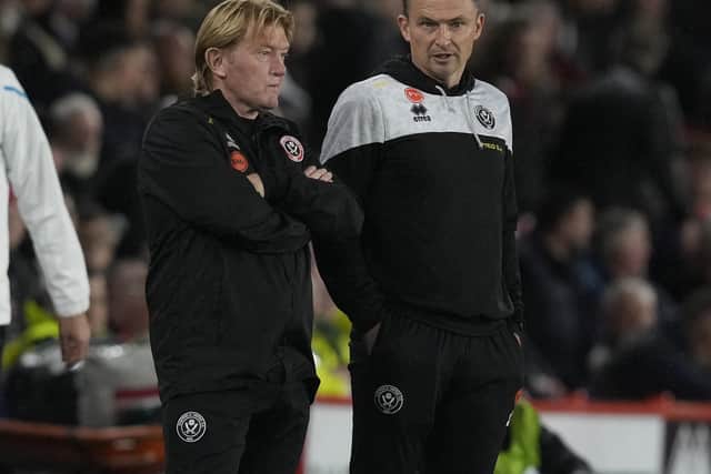 Paul Heckingbottom, the Sheffield United manager, and his assistant Stuart McCall: Andrew Yates / Sportimage