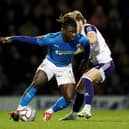 Kabongo Tshimanga (blue) in action for Chesterfield last season. Photo by Lewis Storey/Getty Images.