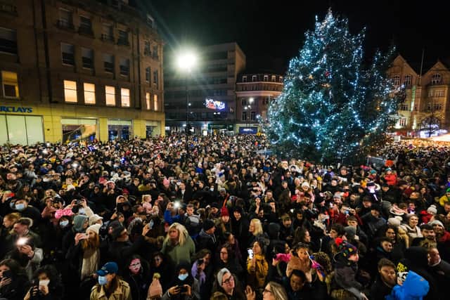 Huge crowds gathered to see Sheffield's Christmas lights being switched on by Jamie Campbell, whose real-life story inspired the hit musical Everybody's Talking About Jamie (pic: Dean Atkins)