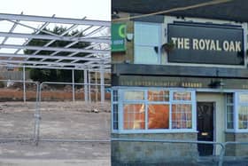 The Royal Oak pub in Mosborough, Sheffield, before it was demolished and (left) building work underway at the site where a new Co-op and other shops are being created