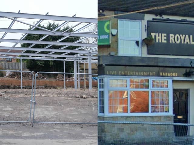 The Royal Oak pub in Mosborough, Sheffield, before it was demolished and (left) building work underway at the site where a new Co-op and other shops are being created