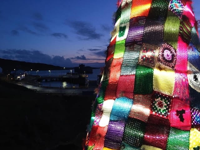 Crochet and knitted squares have been sent from around the world from both the island diaspora and those with fond memories of a trip to Barra. The squares are stitched together to make this cosy tree and a second one is being made this year, such has been the response.
