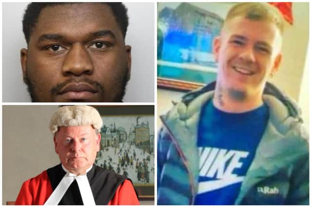 The Recorder of Sheffield, Judge Jermemy Richardson KC (bottom left), has branded the individuals responsible for delaying paramedics attempting to treat Macaulay Byrne (right) 'malicious louts'. Bovic Mupolo (top left) was jailed for life, to serve a minimum of 18 years in custody, for Mr Byrne's murder on Friday, November 25, after jurors returned a guilty verdict the previous day