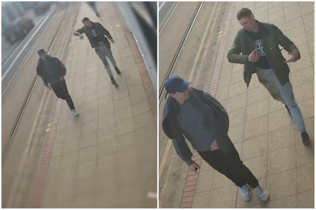 Police want to speak to the two men pictured after a pair of teenagers were threatened for their cash and phones at a Sheffield tram stop.