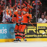 Robert Dowd celebrates scoring against Cardiff Devils. Picture: Hayley Roberts